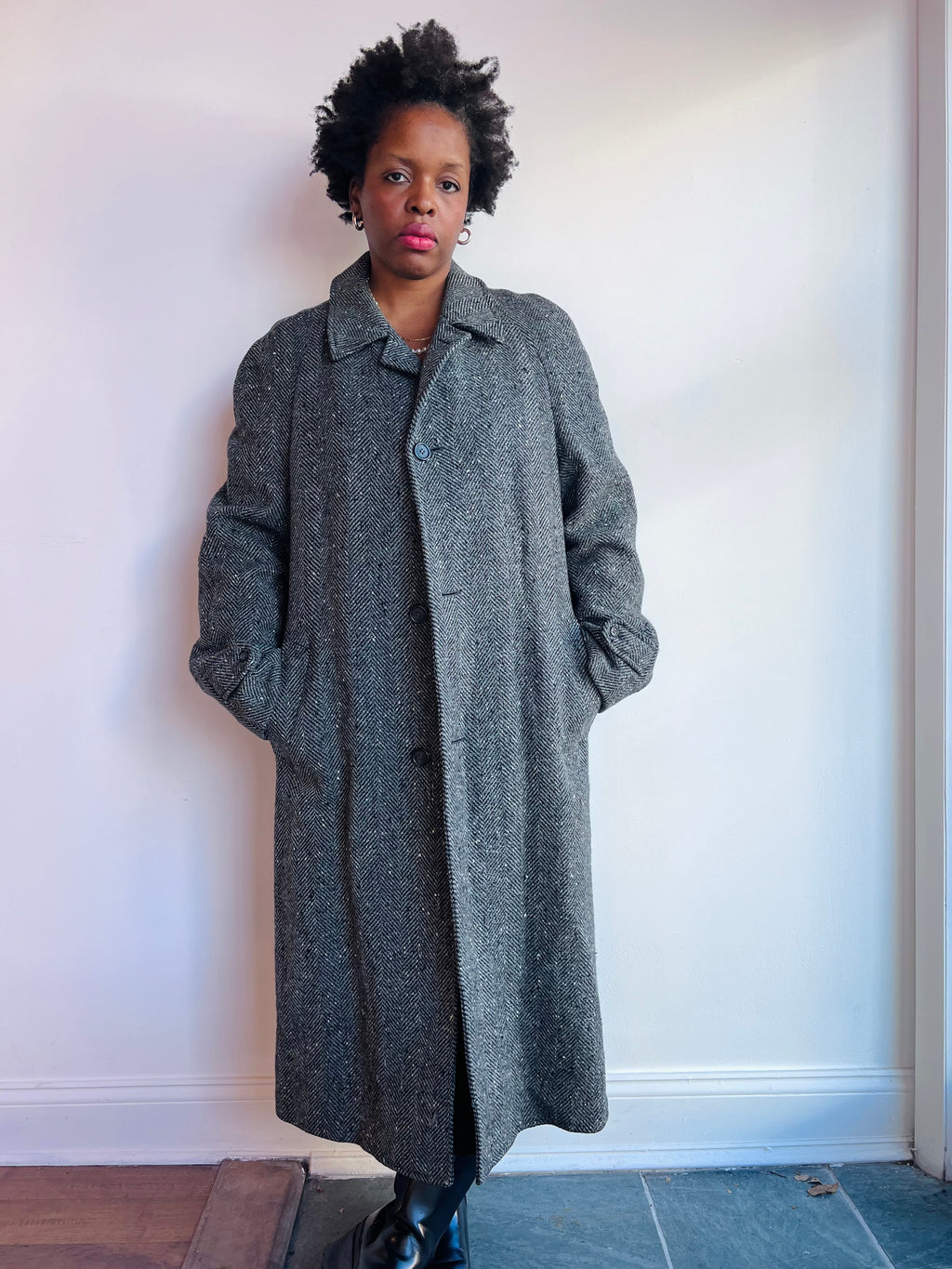 Grey Herringbone Wool Coat